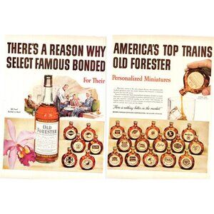 1950 Old Forester Bourbon 2pg Vintage Print Ad Men Bar Train Car 50s Wall Art